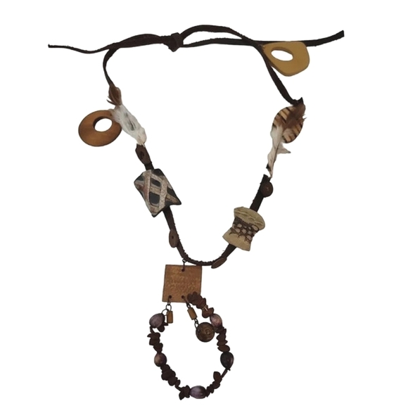 Tribal Feather Wood Brown Leather Handcrafted Necklace - Picture 1 of 4